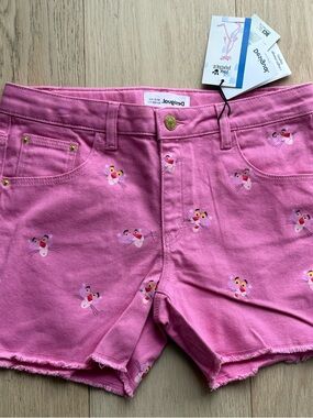 Desigual x Pink Panther Kids Denim Shorts Pink Print Size 13/14 NWT